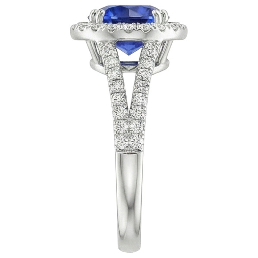 Anello di fidanzamento rotondo con zaffiro blu e diamante Halo 10 carati Novità