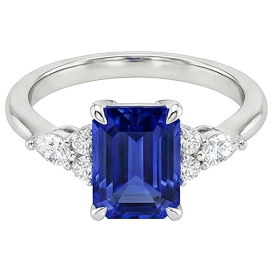 Anello di fidanzamento stile floreale blu smeraldo zaffiro e diamante 4 carati