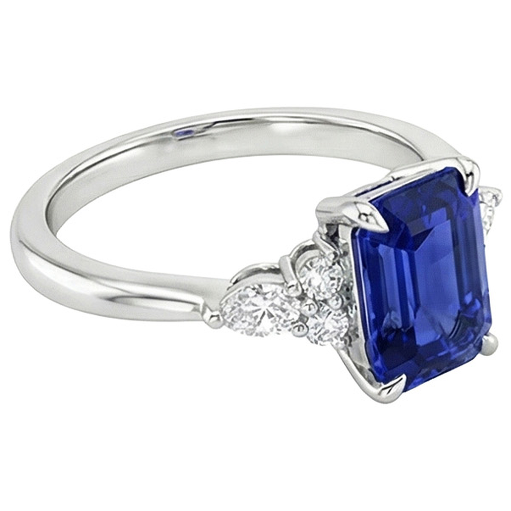 Anello di fidanzamento stile floreale blu smeraldo zaffiro e diamante 4 carati