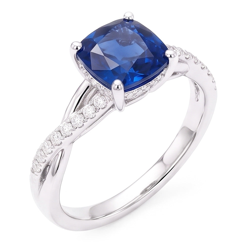 Anello di fidanzamento stile intrecciato con zaffiro a cuscino da 3 carati e diamante