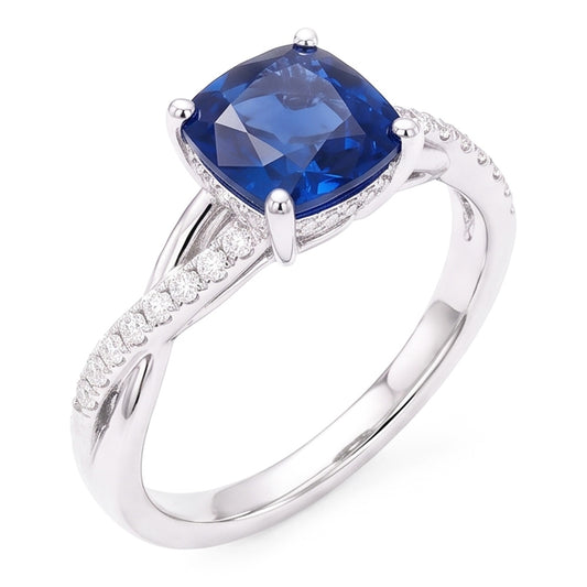 Anello di fidanzamento stile intrecciato con zaffiro a cuscino da 3 carati e diamante