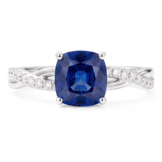 Anello di fidanzamento stile intrecciato con zaffiro a cuscino da 3 carati e diamante