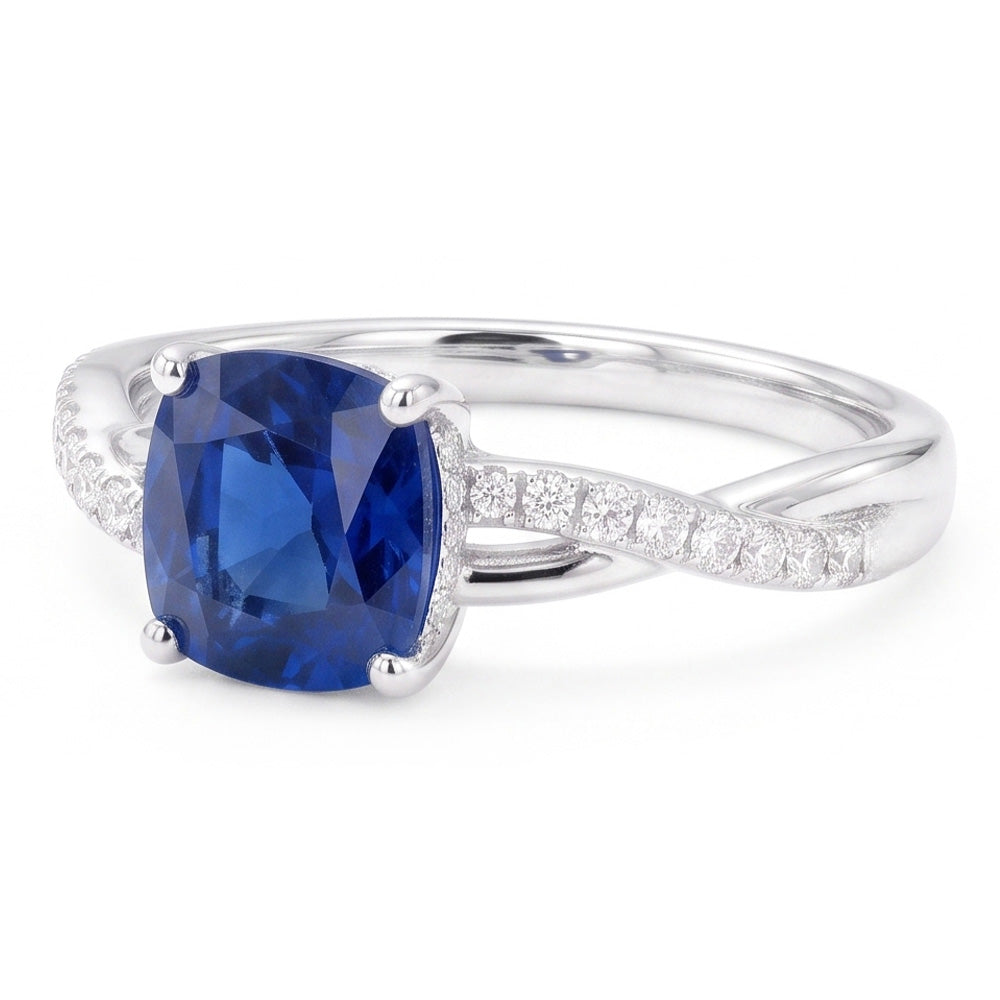Anello di fidanzamento stile intrecciato con zaffiro a cuscino da 3 carati e diamante