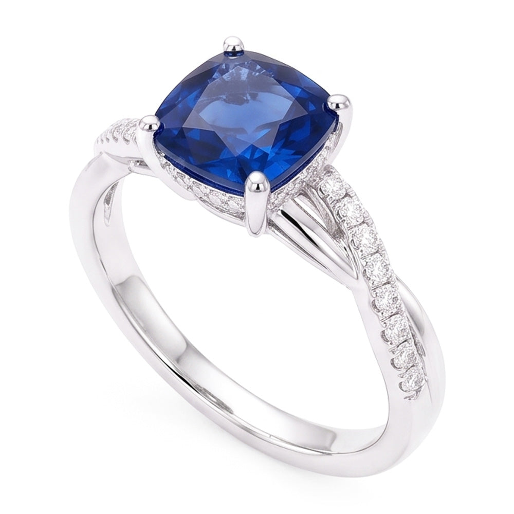 Anello di fidanzamento stile intrecciato con zaffiro a cuscino da 3 carati e diamante