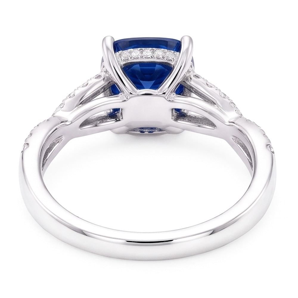 Anello di fidanzamento stile intrecciato con zaffiro a cuscino da 3 carati e diamante