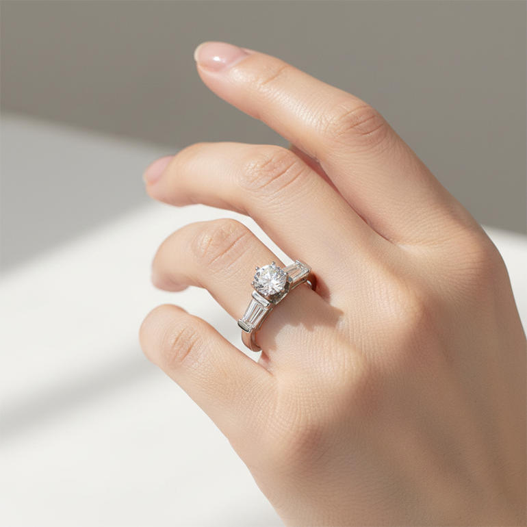 vero baguette diamante 2.01carati anello con accenti diamanti