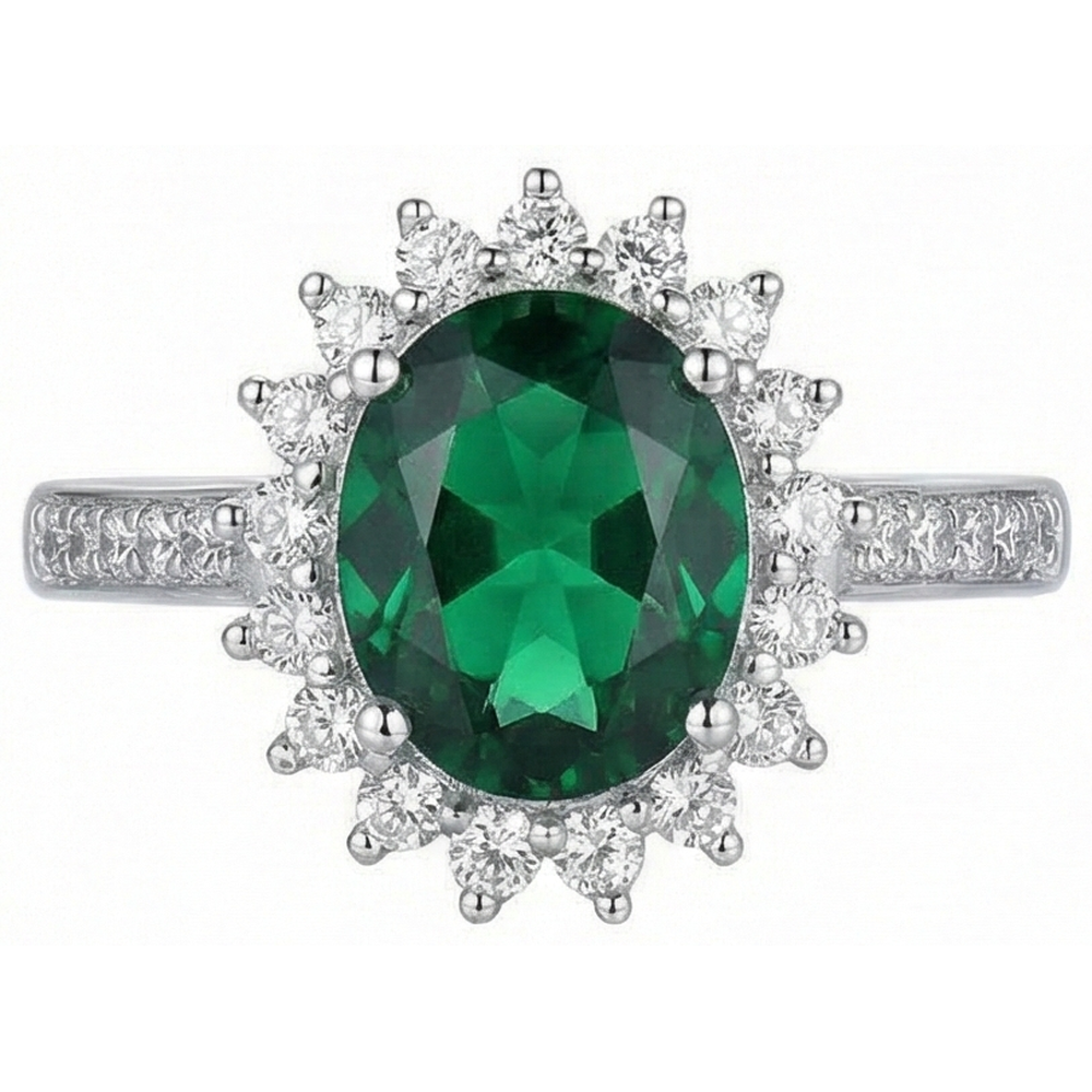 Anello di forma ovale con smeraldo verde e diamante in oro bianco 14 carati 5.75 ct
