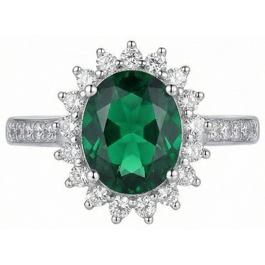 Anello di forma ovale con smeraldo verde e diamante in oro bianco 14 carati 5.75 ct
