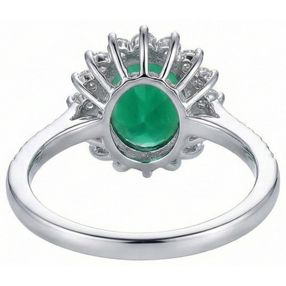 Anello di forma ovale con smeraldo verde e diamante in oro bianco 14 carati 5.75 ct