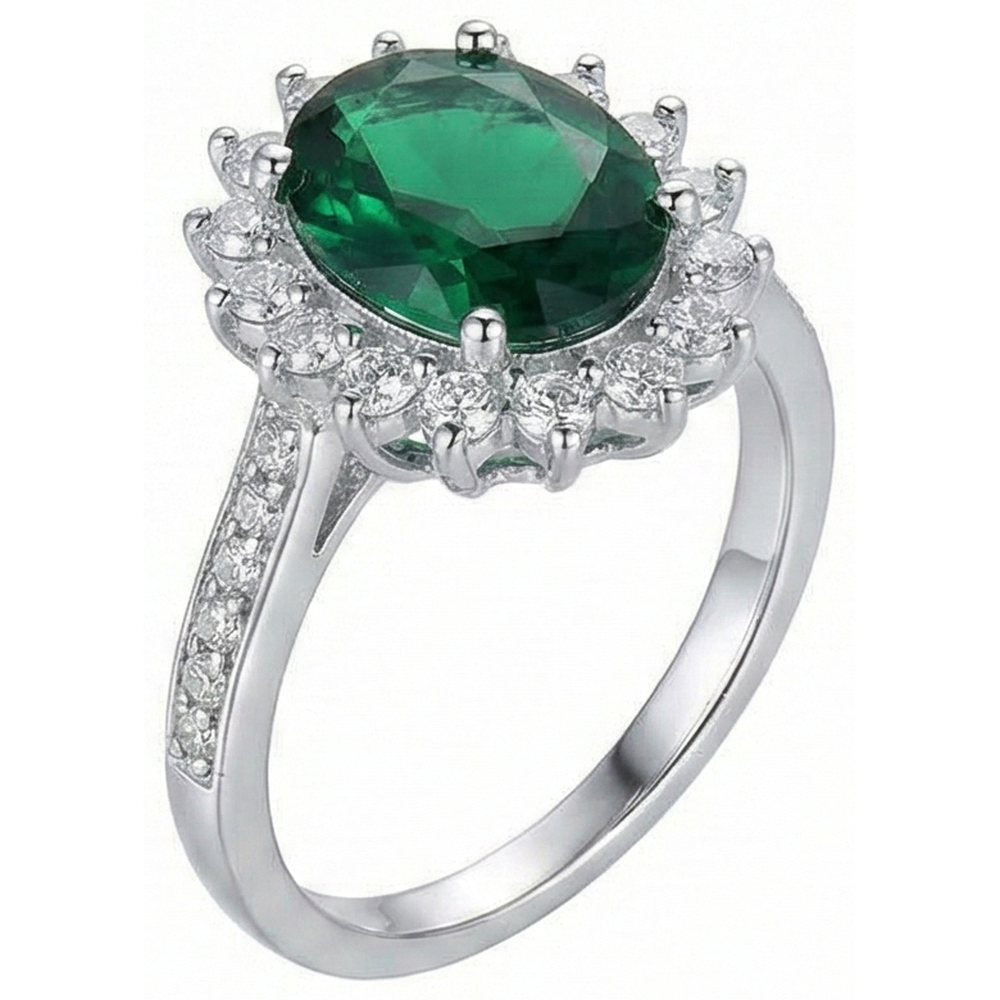 Anello di forma ovale con smeraldo verde e diamante in oro bianco 14 carati 5.75 ct