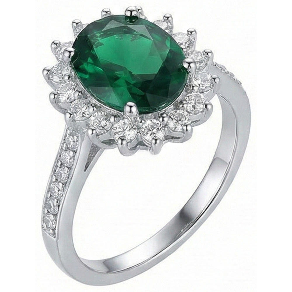 Anello di forma ovale con smeraldo verde e diamante in oro bianco 14 carati 5.75 ct