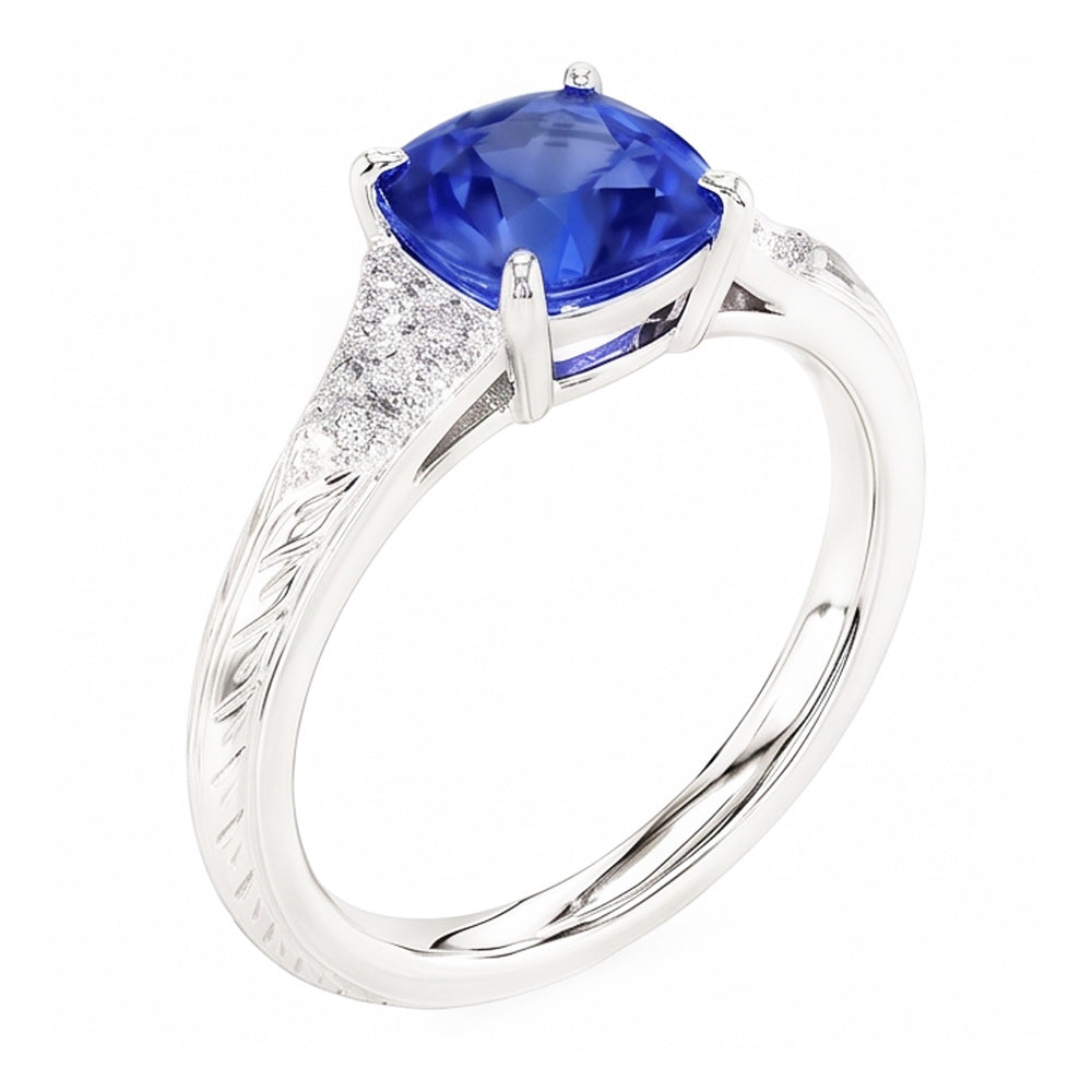 Anello di gioielli con pietre preziose in stile antico Cuscino con zaffiro blu 2 carati