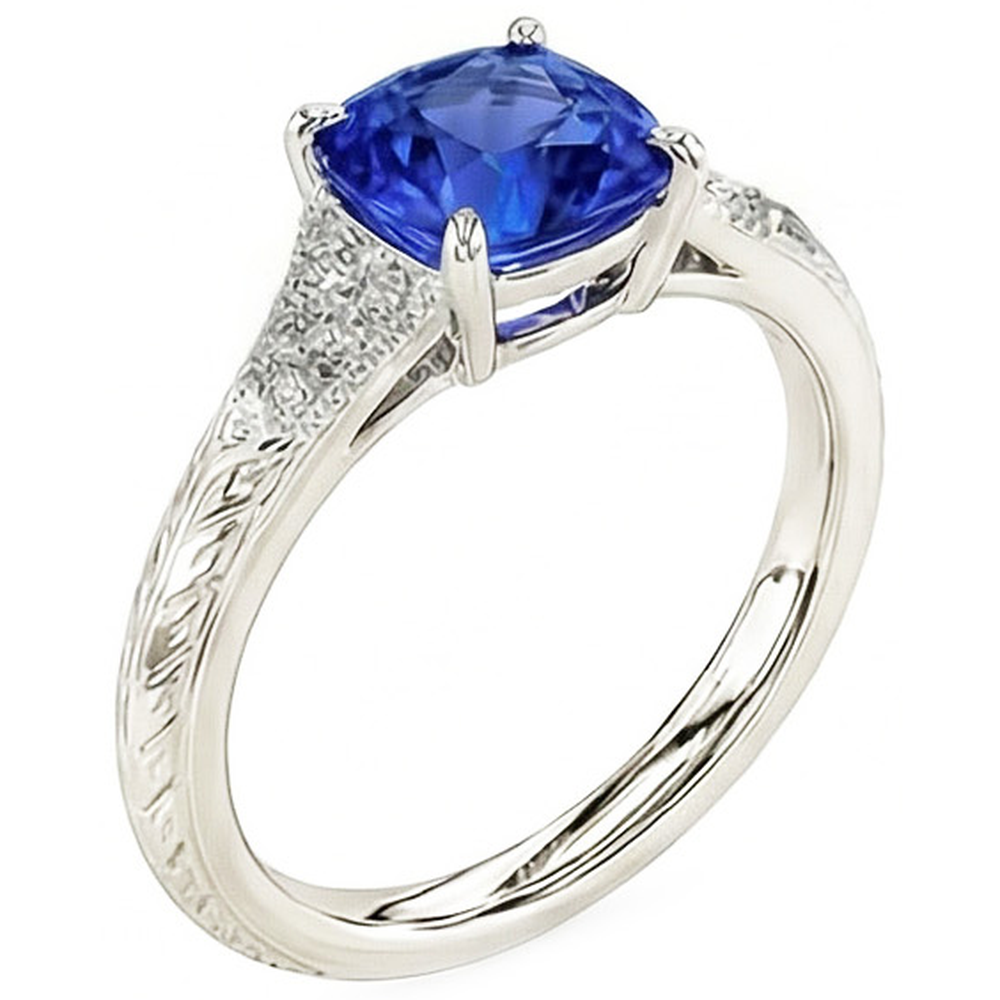 Anello di gioielli con pietre preziose in stile antico Cuscino con zaffiro blu 2 carati