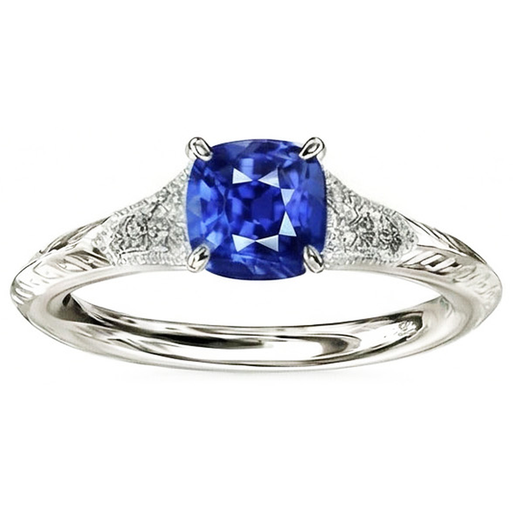 Anello di gioielli con pietre preziose in stile antico Cuscino con zaffiro blu 2 carati