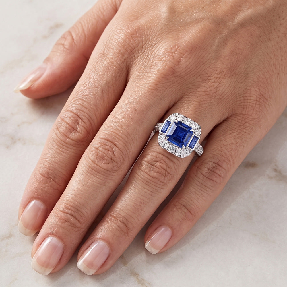Anello di pietre preziose Asscher & Emerald Sapphire Diamond Jewelry 4.50 carati