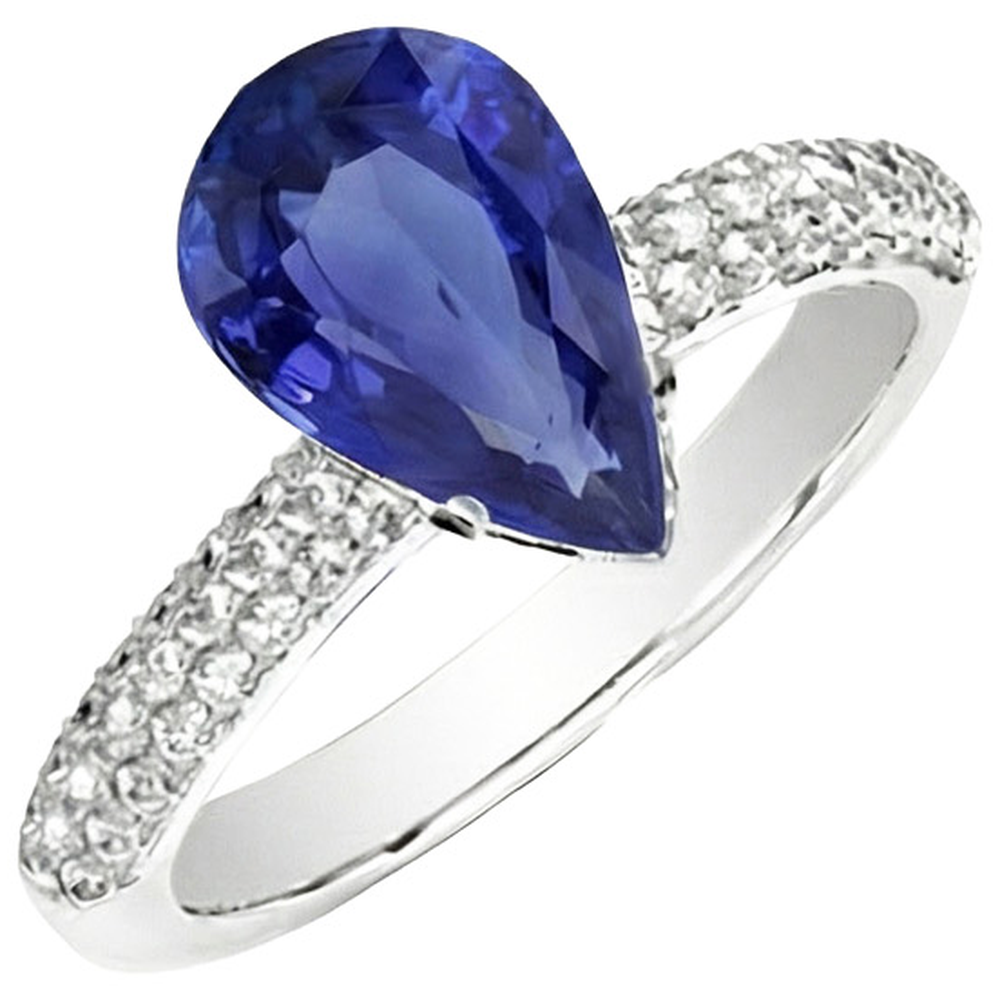 Anello di pietre preziose Pera Zaffiro di Ceylon e pavé di diamanti 5.50 carati