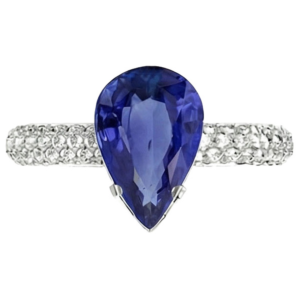 Anello di pietre preziose Pera Zaffiro di Ceylon e pavé di diamanti 5.50 carati