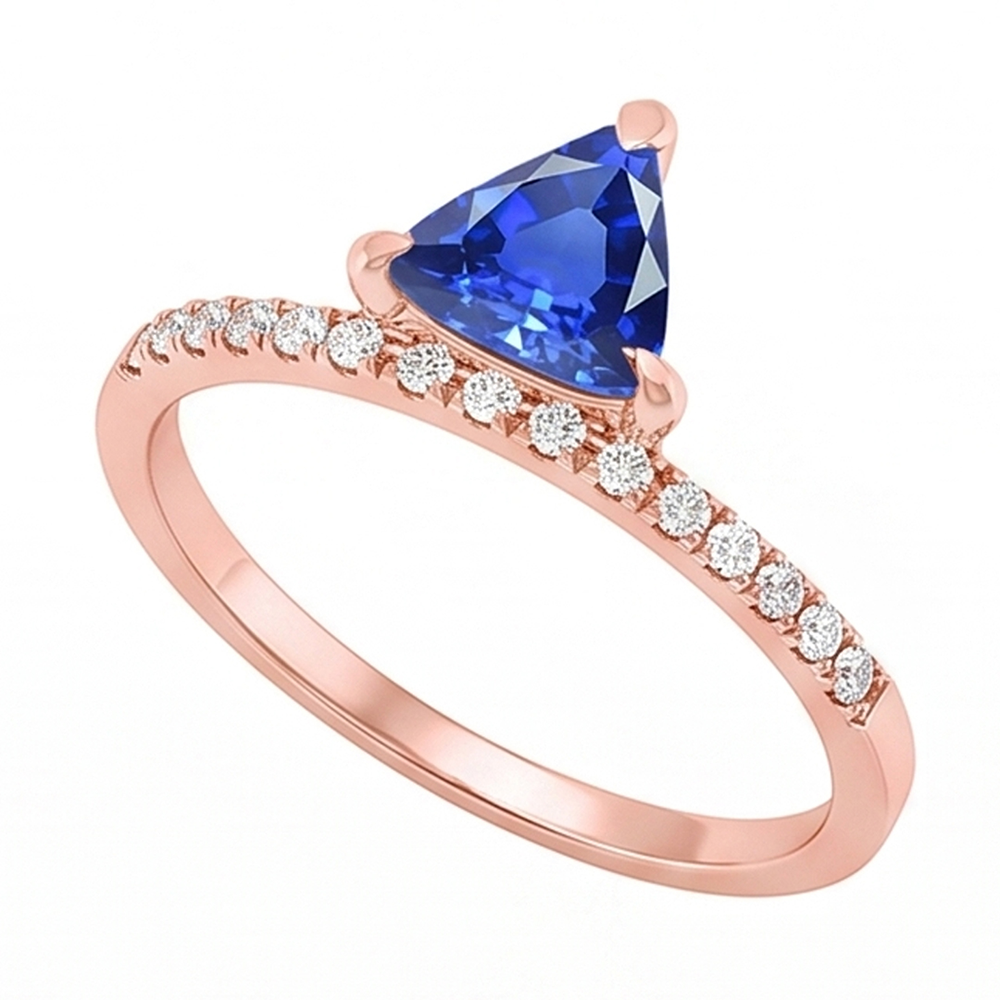 Anello di trilioni di pietre preziose con zaffiro blu, diamanti da 1,50 carati con oro bianco 14K