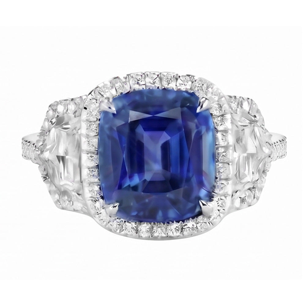 Anello diamante cuscino zaffiro pavimenta tre pietre stile 5.50 carati