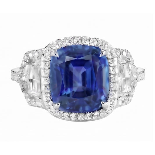 Anello diamante cuscino zaffiro pavimenta tre pietre stile 5.50 carati