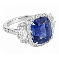 Anello diamante cuscino zaffiro pavimenta tre pietre stile 5.50 carati
