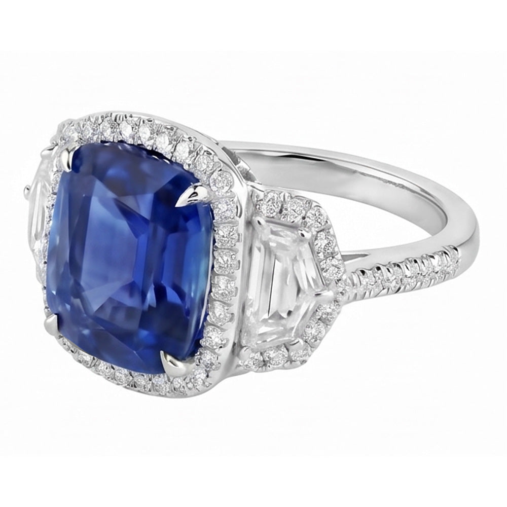Anello diamante cuscino zaffiro pavimenta tre pietre stile 5.50 carati