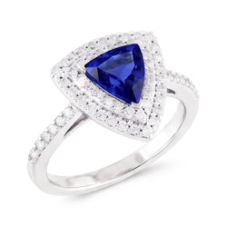 Anello doppio Halo Trillion con zaffiro blu 2 diamanti accentati carati con oro bianco 14K