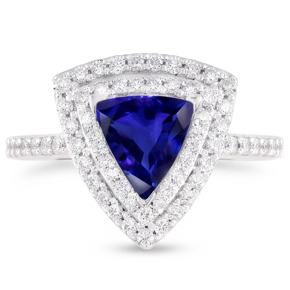 Anello doppio Halo Trillion con zaffiro blu 2 diamanti accentati carati con oro bianco 14K