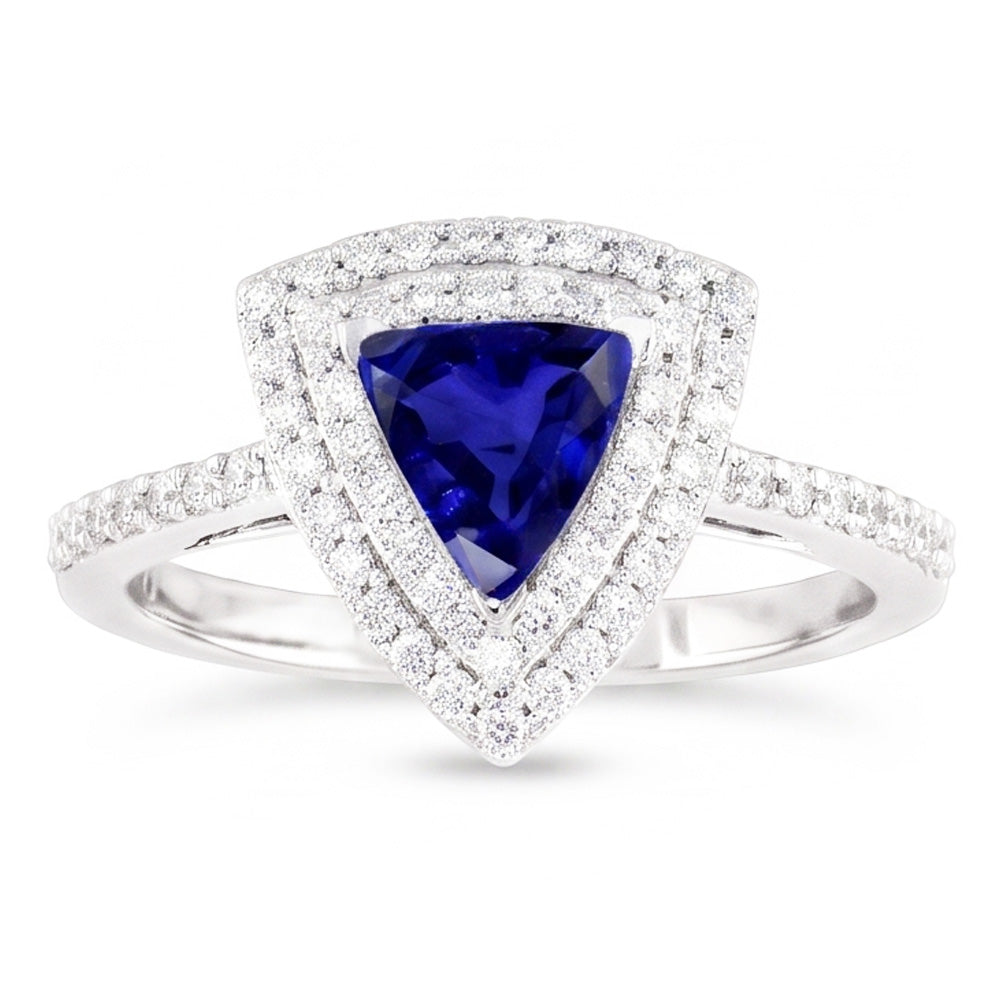 Anello doppio Halo Trillion con zaffiro blu 2 diamanti accentati carati con oro bianco 14K