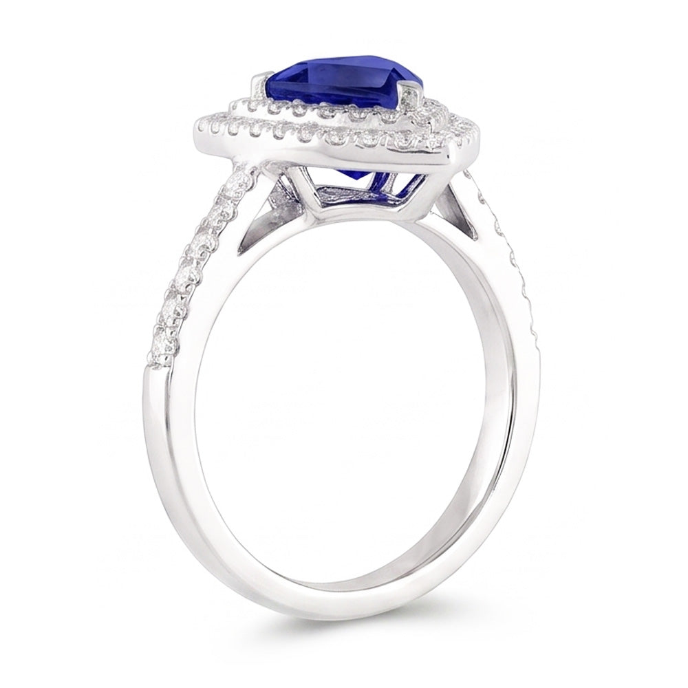Anello doppio Halo Trillion con zaffiro blu 2 diamanti accentati carati con oro bianco 14K