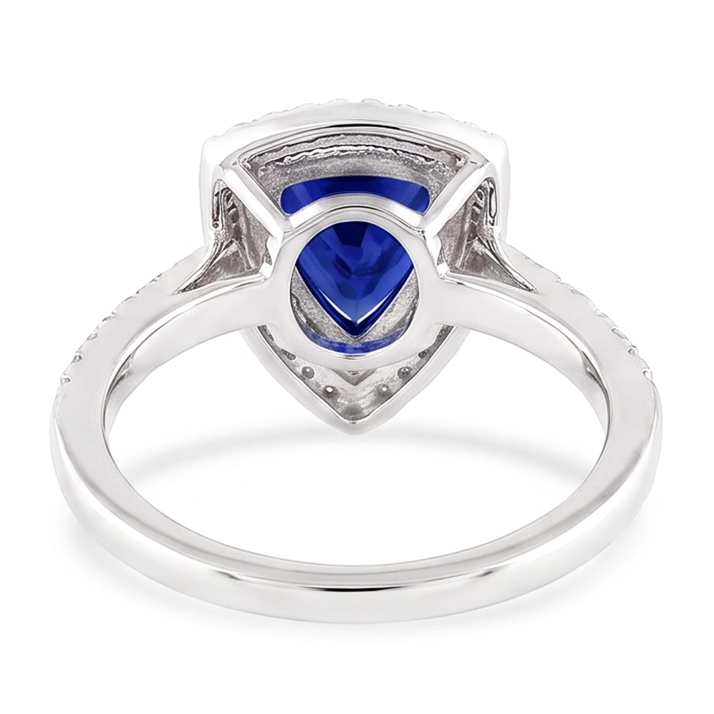Anello doppio Halo Trillion con zaffiro blu 2 diamanti accentati carati con oro bianco 14K