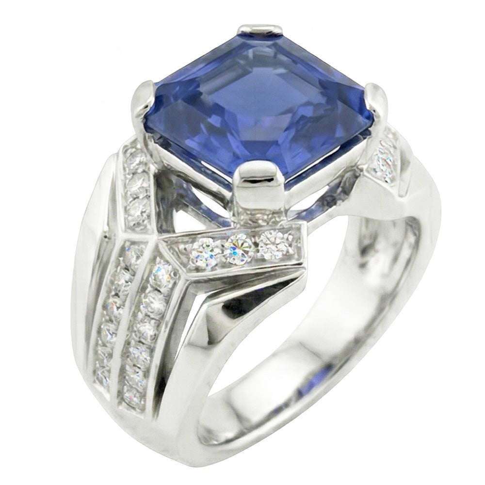 Anello fantasia blu zaffiro diamante 4.50 carati Asscher e oro taglio rotondo