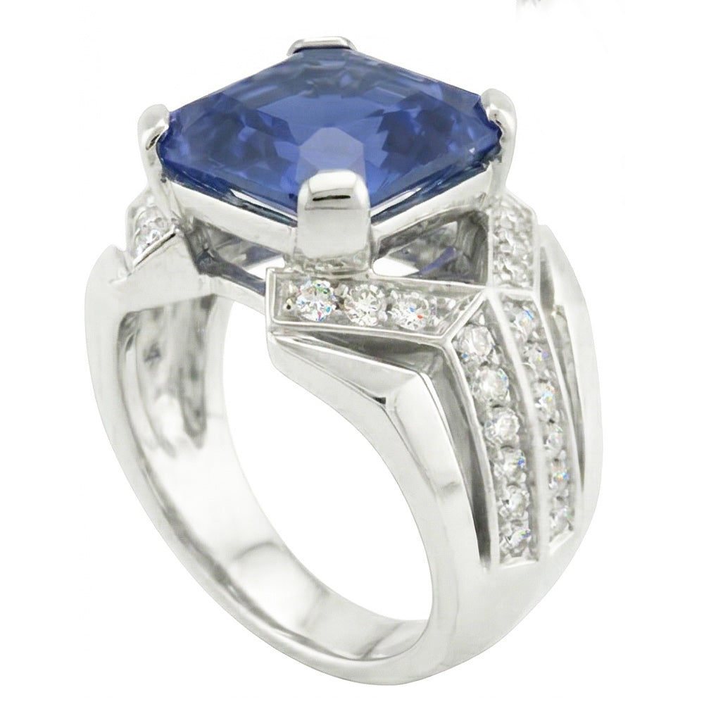 Anello fantasia blu zaffiro diamante 4.50 carati Asscher e oro taglio rotondo