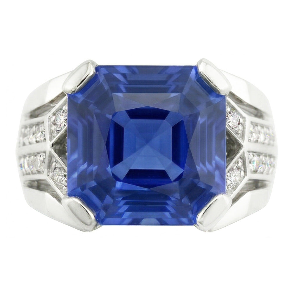 Anello fantasia blu zaffiro diamante 4.50 carati Asscher e oro taglio rotondo