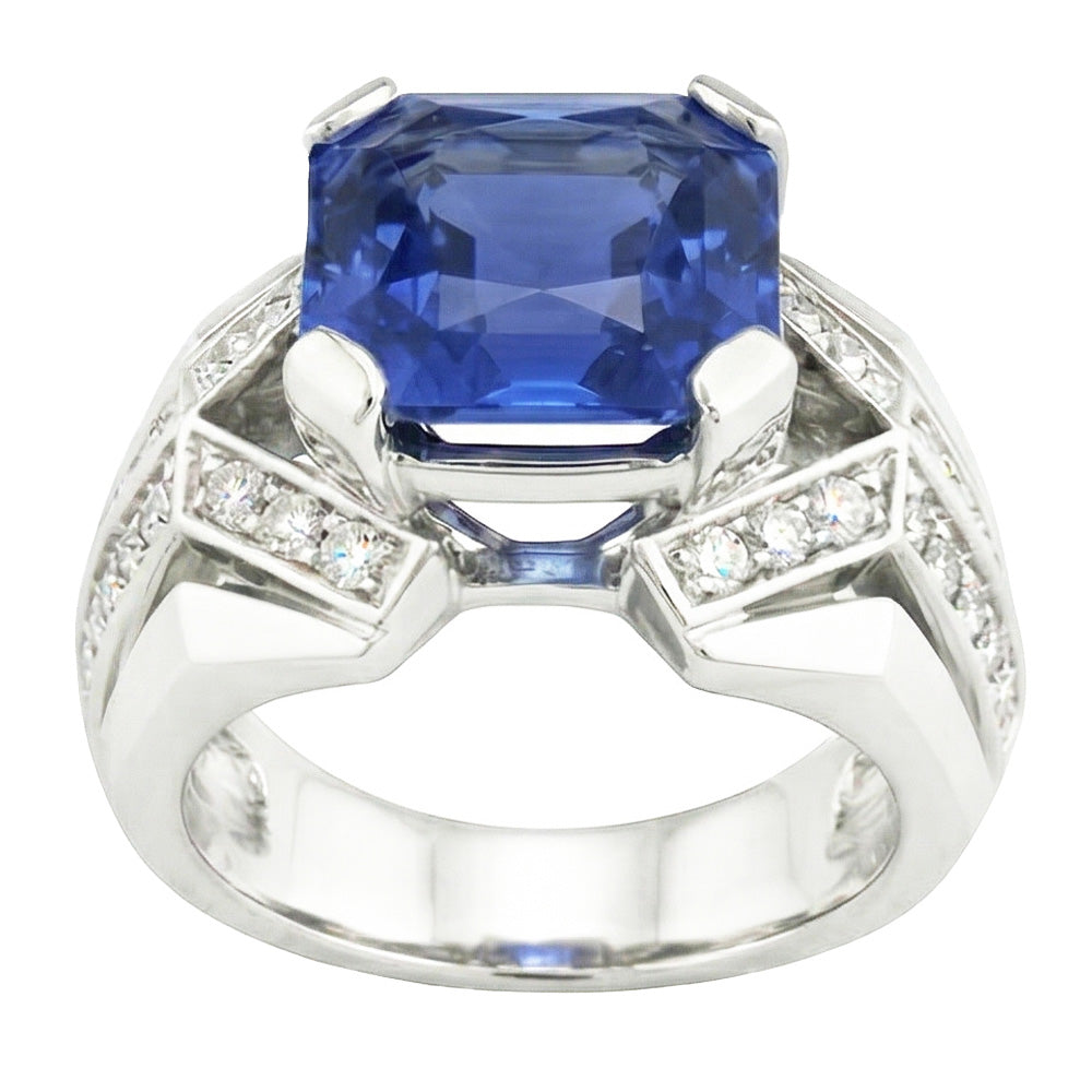 Anello fantasia blu zaffiro diamante 4.50 carati Asscher e oro taglio rotondo