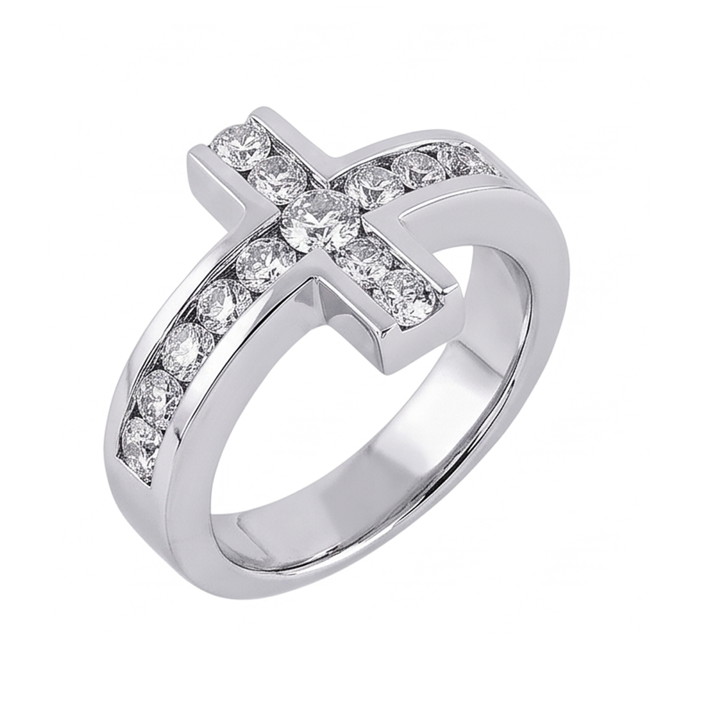 Anello fantasia di fidanzamento a forma di croce con diamanti 1.4 ct. Oro bianco 14K