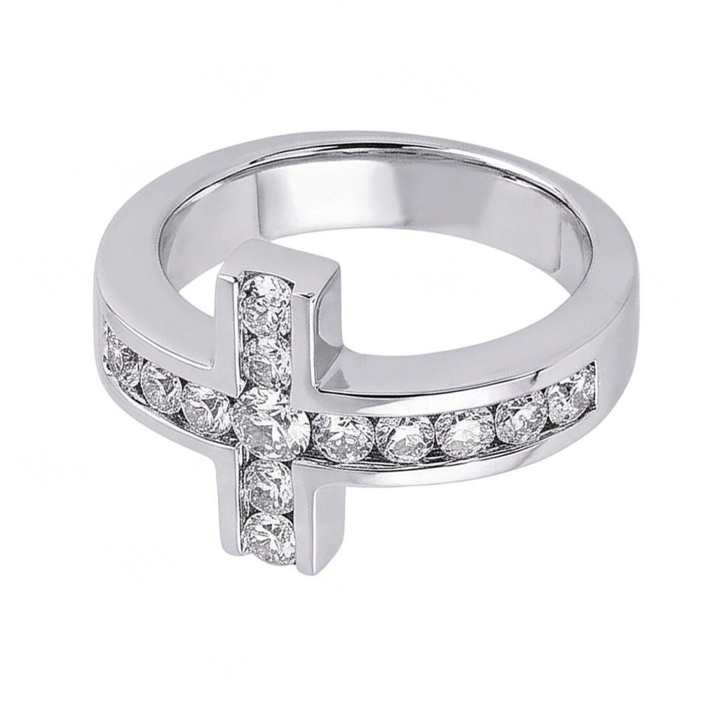 Anello fantasia di fidanzamento a forma di croce con diamanti 1.4 ct. Oro bianco 14K