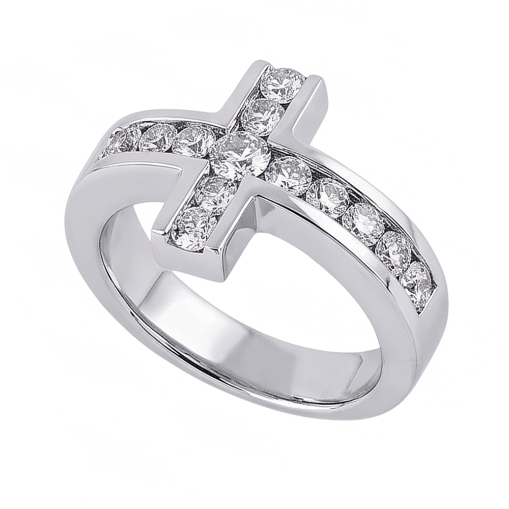 Anello fantasia di fidanzamento a forma di croce con diamanti 1.4 ct. Oro bianco 14K