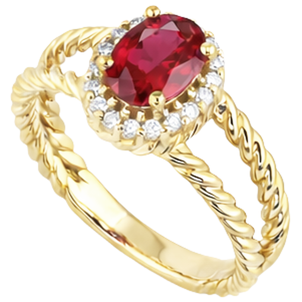 Anello fantasia diamante rotondo e rubino ovale 1.25 carati oro giallo 14K
