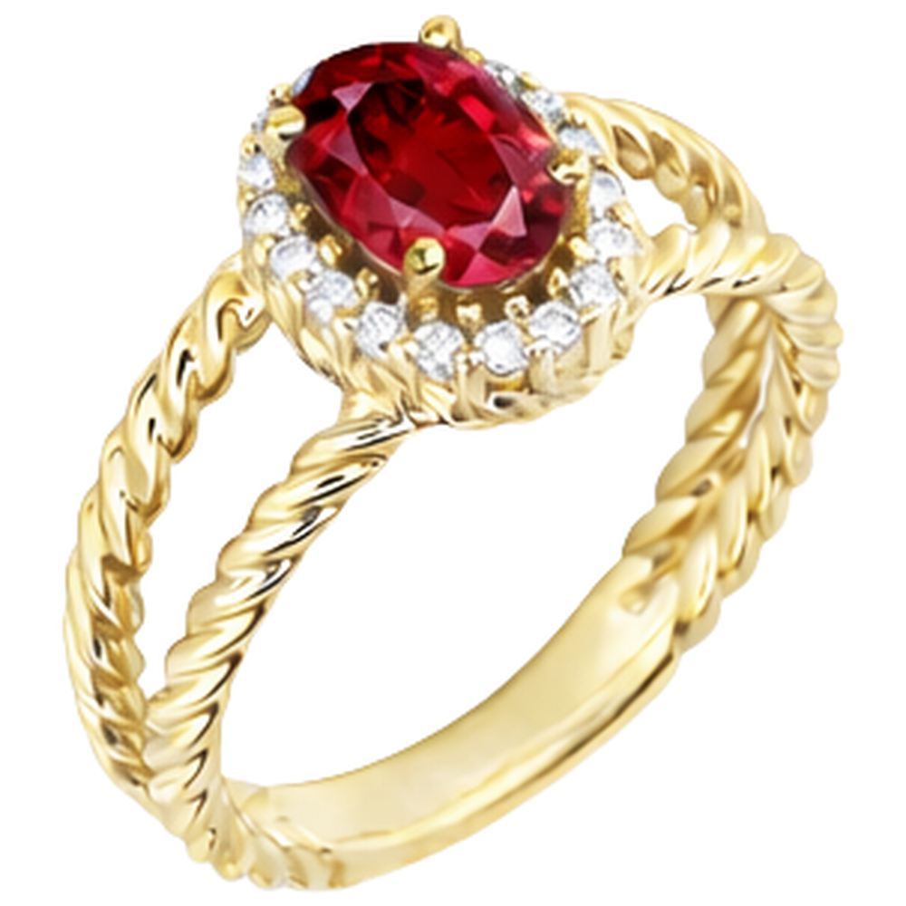 Anello fantasia diamante rotondo e rubino ovale 1.25 carati oro giallo 14K