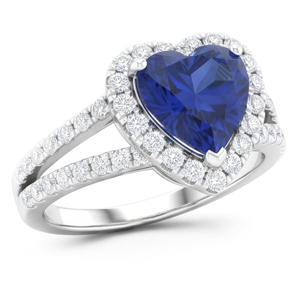 Anello fantasia in oro bianco 14K con diamanti e zaffiri a taglio cuore blu da 4.45 ct