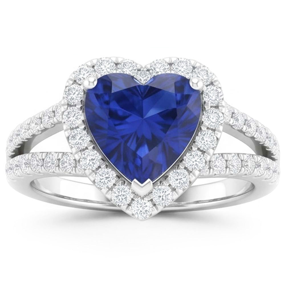 Anello fantasia in oro bianco 14K con diamanti e zaffiri a taglio cuore blu da 4.45 ct