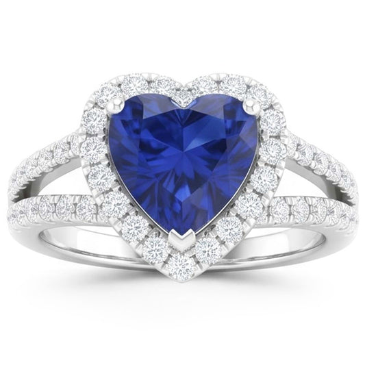 Anello fantasia in oro bianco 14K con diamanti e zaffiri a taglio cuore blu da 4.45 ct