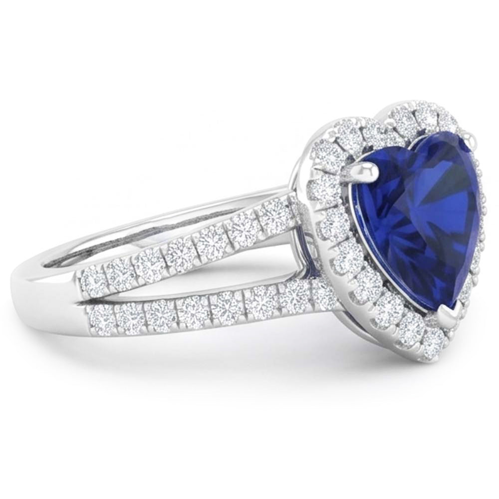Anello fantasia in oro bianco 14K con diamanti e zaffiri a taglio cuore blu da 4.45 ct