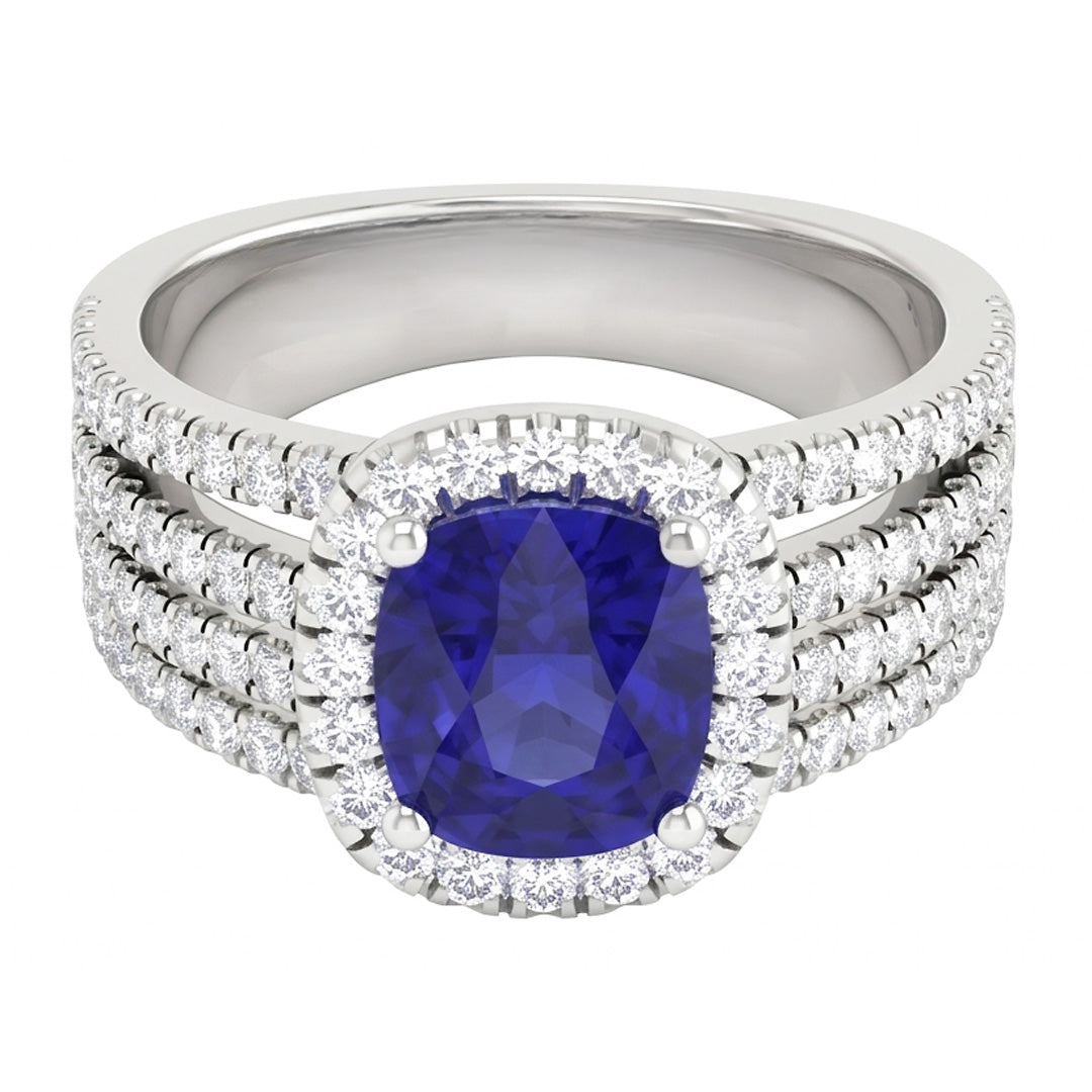 Anello fantasia in oro bianco 14K con diamanti e zaffiro blu di Ceylon a punta da 5,80 ct