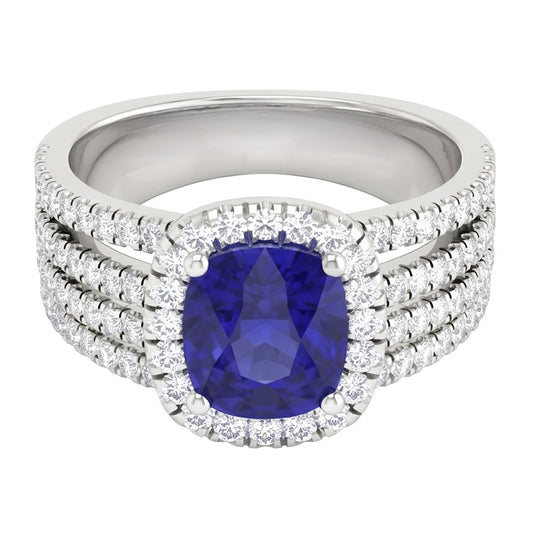 Anello fantasia in oro bianco 14K con diamanti e zaffiro blu di Ceylon a punta da 5,80 ct