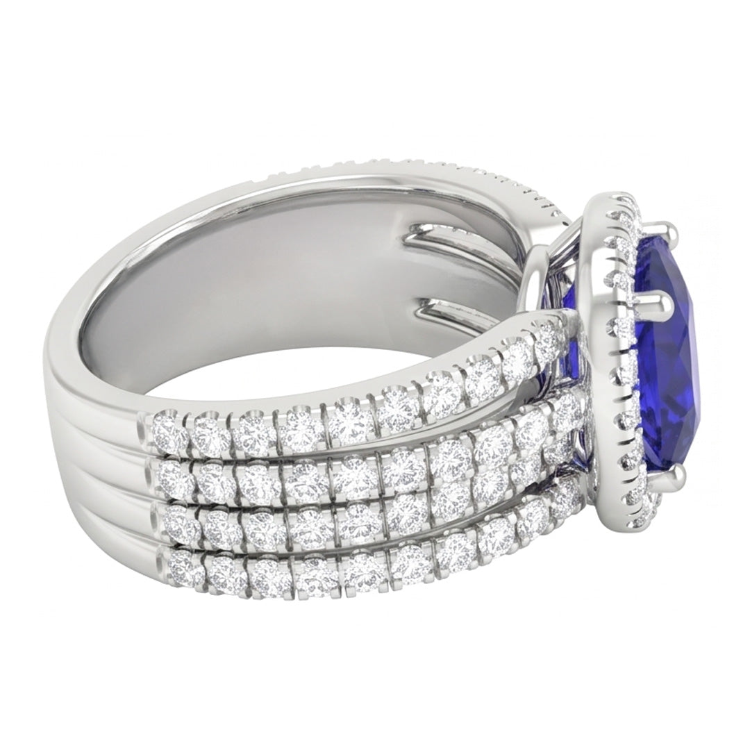 Anello fantasia in oro bianco 14K con diamanti e zaffiro blu di Ceylon a punta da 5,80 ct