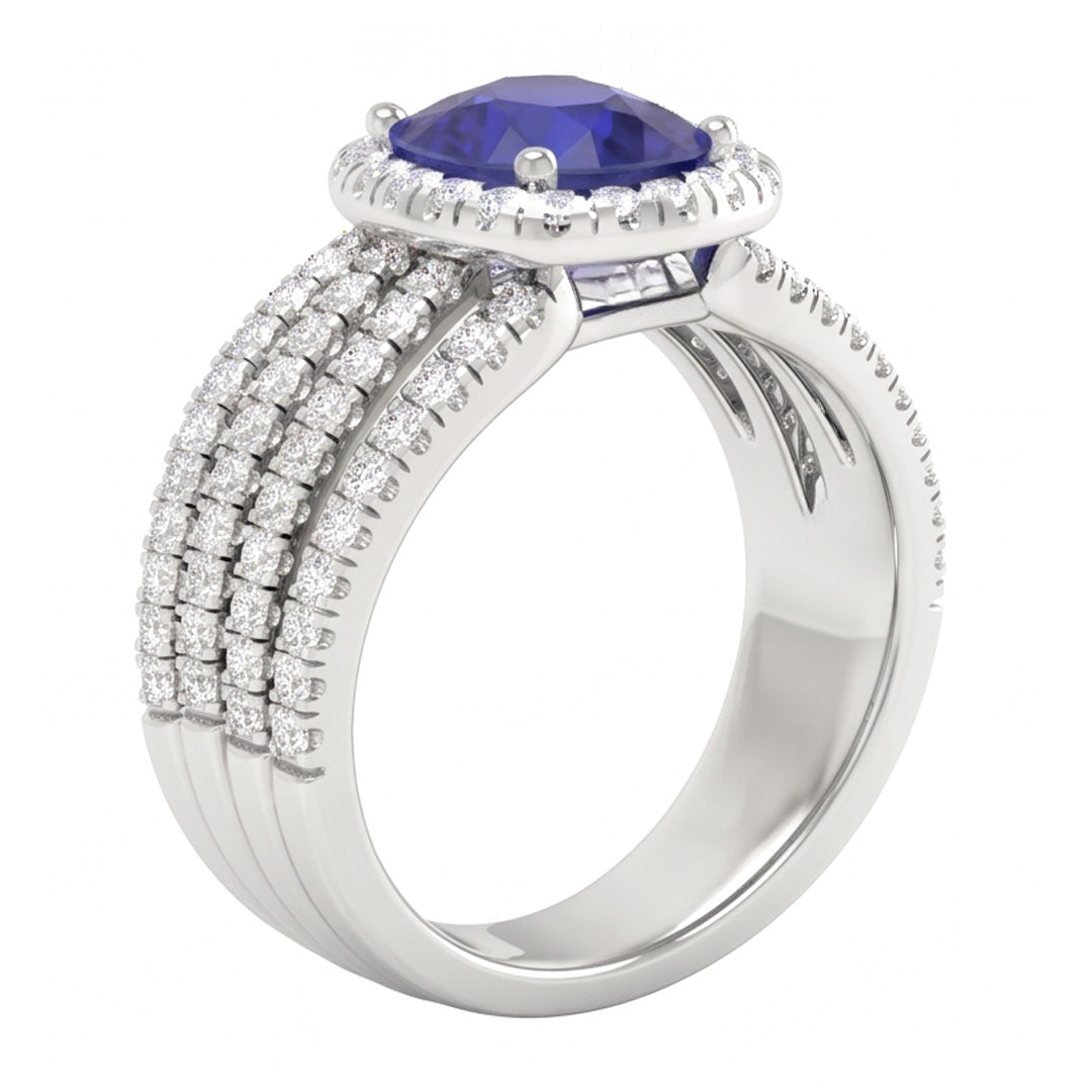 Anello fantasia in oro bianco 14K con diamanti e zaffiro blu di Ceylon a punta da 5,80 ct
