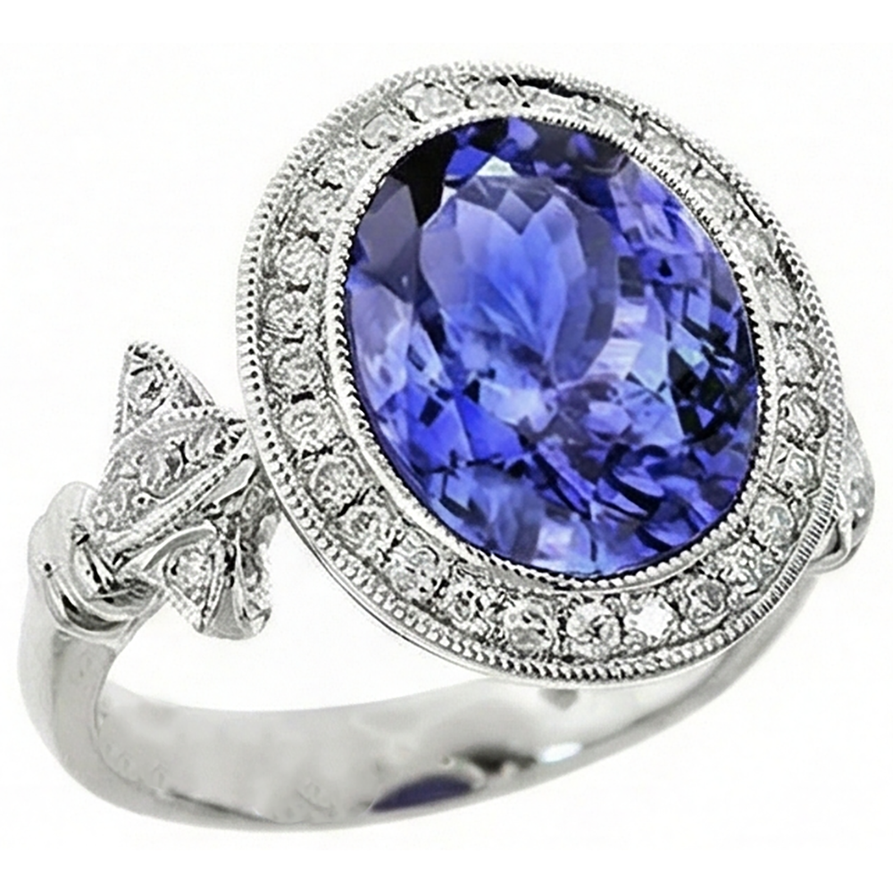Anello fantasia in tanzanite 9 carati con piccoli diamanti in oro bianco 14K
