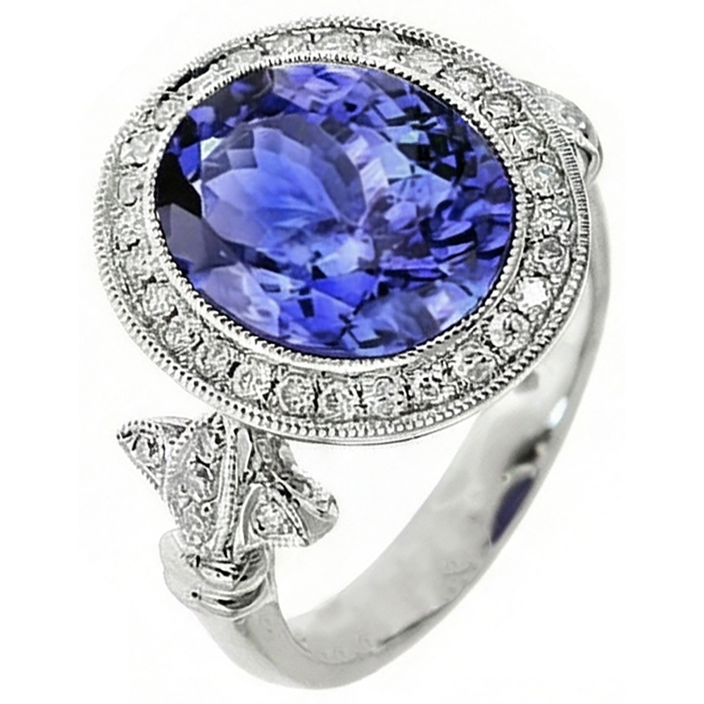 Anello fantasia in tanzanite 9 carati con piccoli diamanti in oro bianco 14K